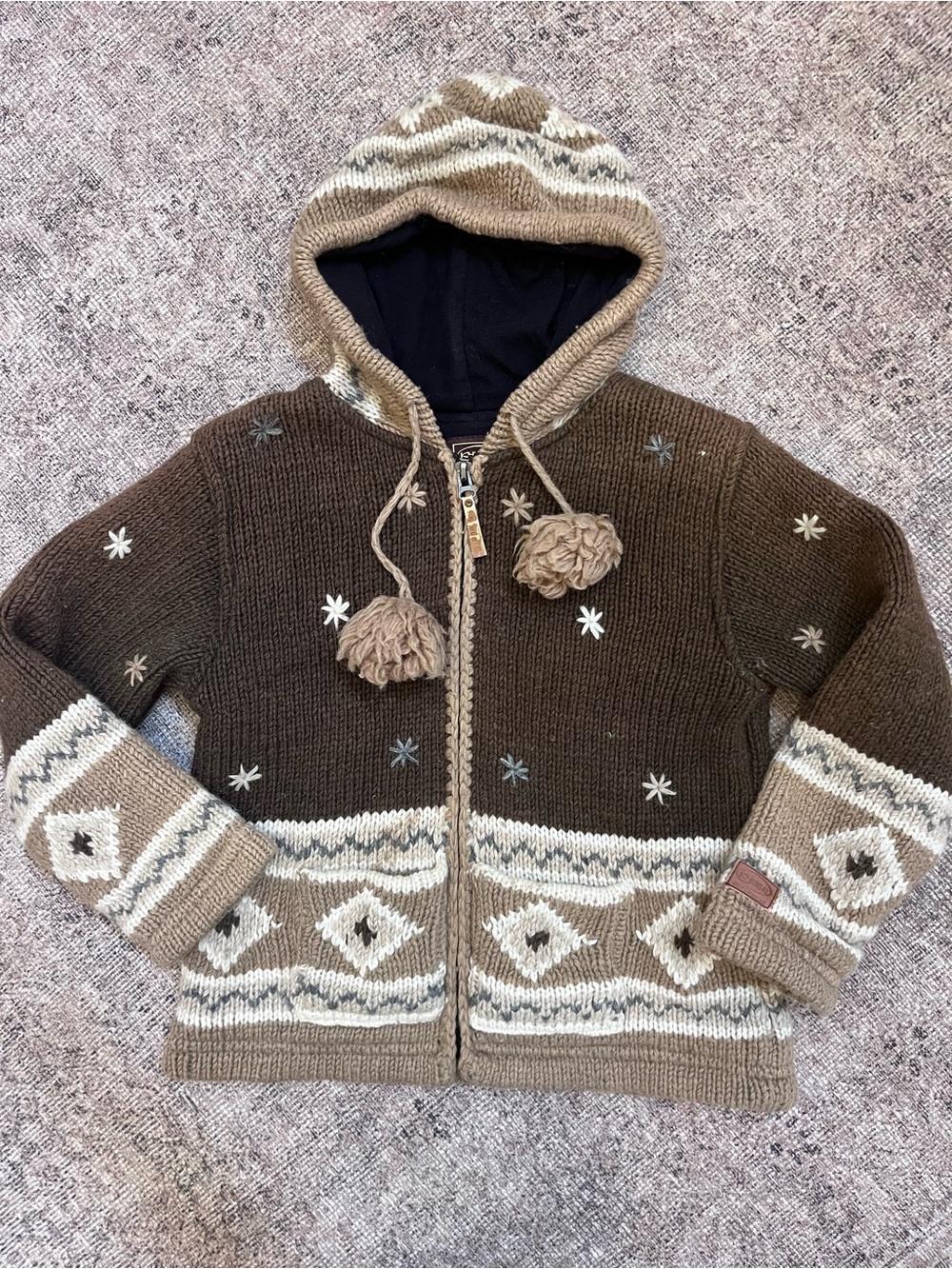 Kyber Brown 100% Wool Hooded Zip Up Sweater Fair Isle Style Pom Pom S